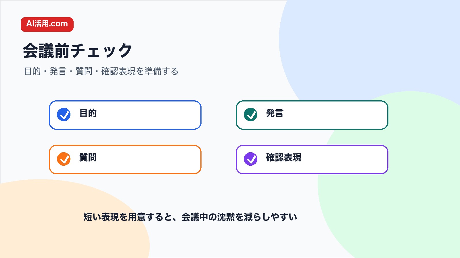 目的 発言 質問 確認表現を準備して英語会議の事前リハーサルをするチェックリスト図解