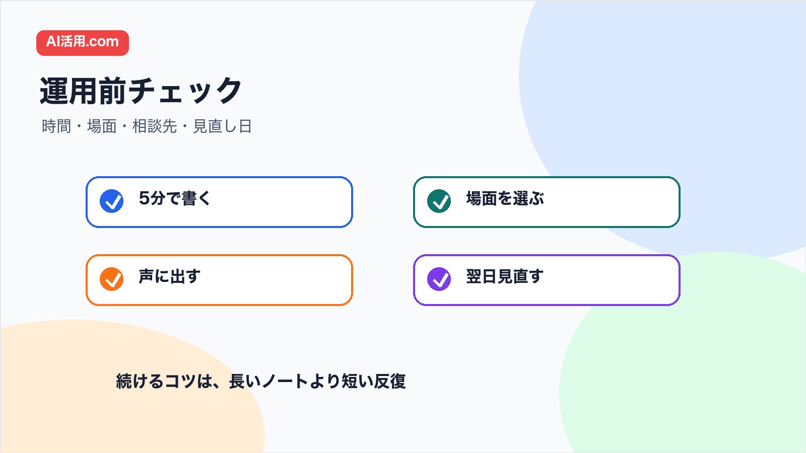 5分で書く 場面を選ぶ 声に出す 翌日見直す英語研修後の復習ノート運用前チェックの図解