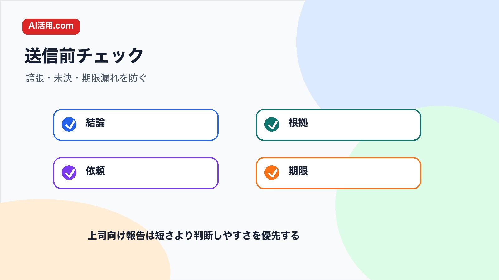 結論 根拠 依頼 期限を確認して上司向け会議後報告文を送る前のチェック図解