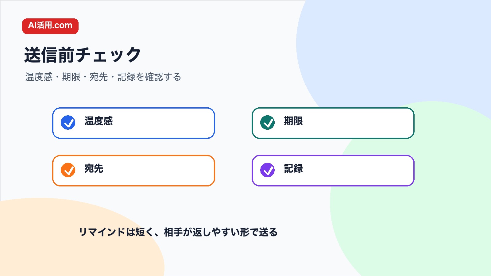 温度感 期限 宛先 記録を確認して会議後の返信待ちリマインド文を送る前のチェック図解
