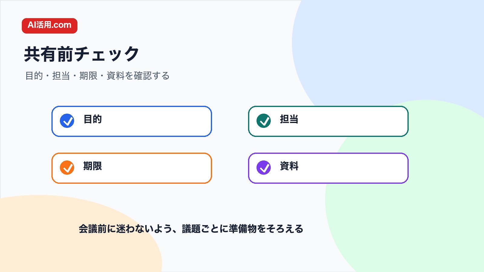 目的 担当 期限 資料を確認して次回アジェンダを共有する前のチェック図解