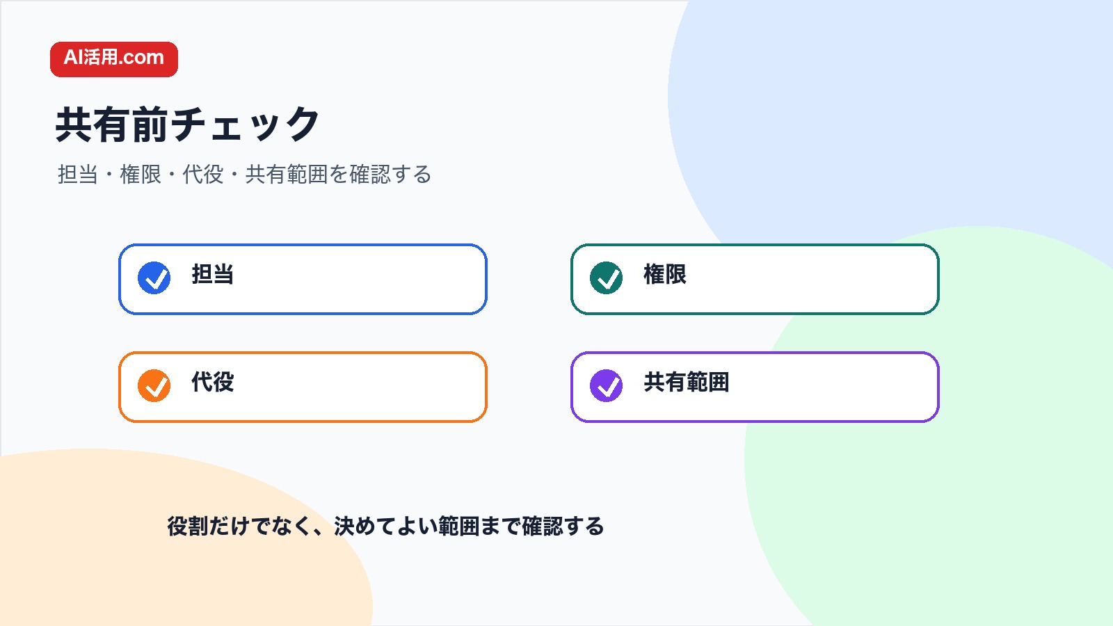 担当 権限 代役 共有範囲を確認して会議前の役割分担表を整えるチェック図解