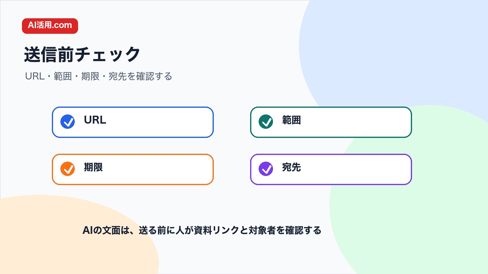 URL 範囲 期限 宛先を確認して会議前の資料配布案内文を整えるチェック図解