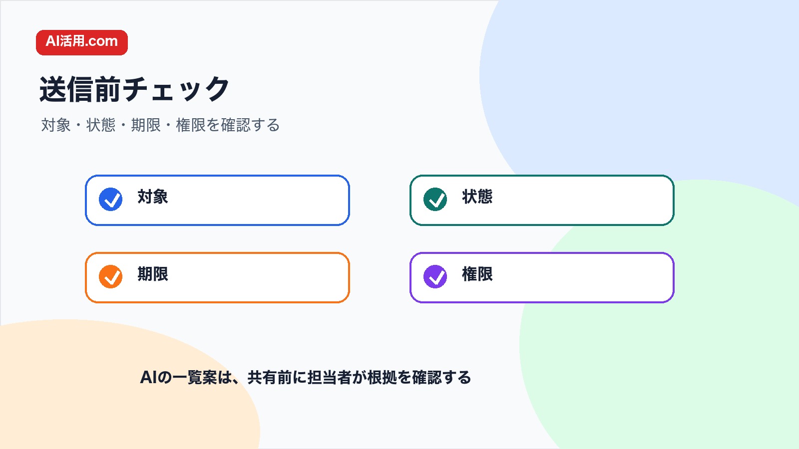 対象 状態 期限 権限を確認して会議前の資料確認状況一覧を整えるチェック図解