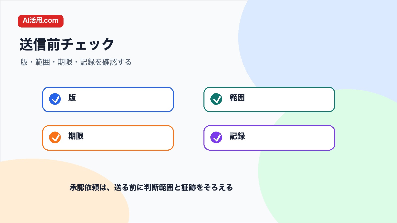 版 範囲 期限 記録を確認して会議前の資料承認依頼文を整えるチェック図解