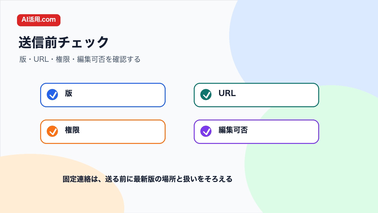 版 URL 権限 編集可否を確認して会議前の資料固定連絡文を整えるチェック図解