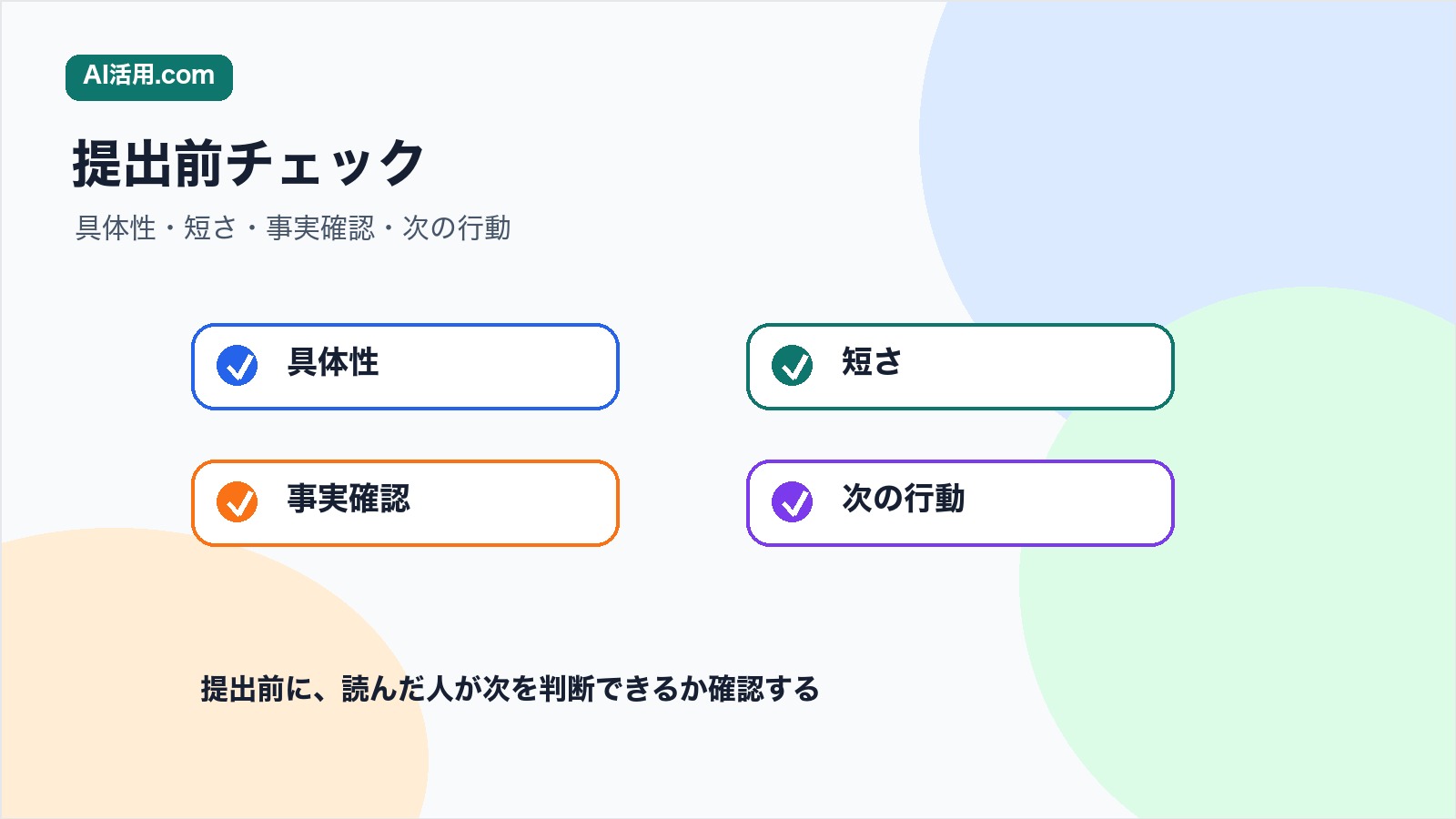 具体性 短さ 事実確認 次の行動を確認して受講レポートを提出する図解